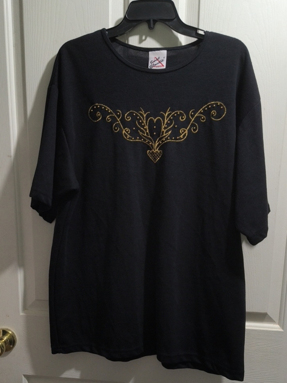 Black Short-Sleeve Tee with Gold Embroidered Motif